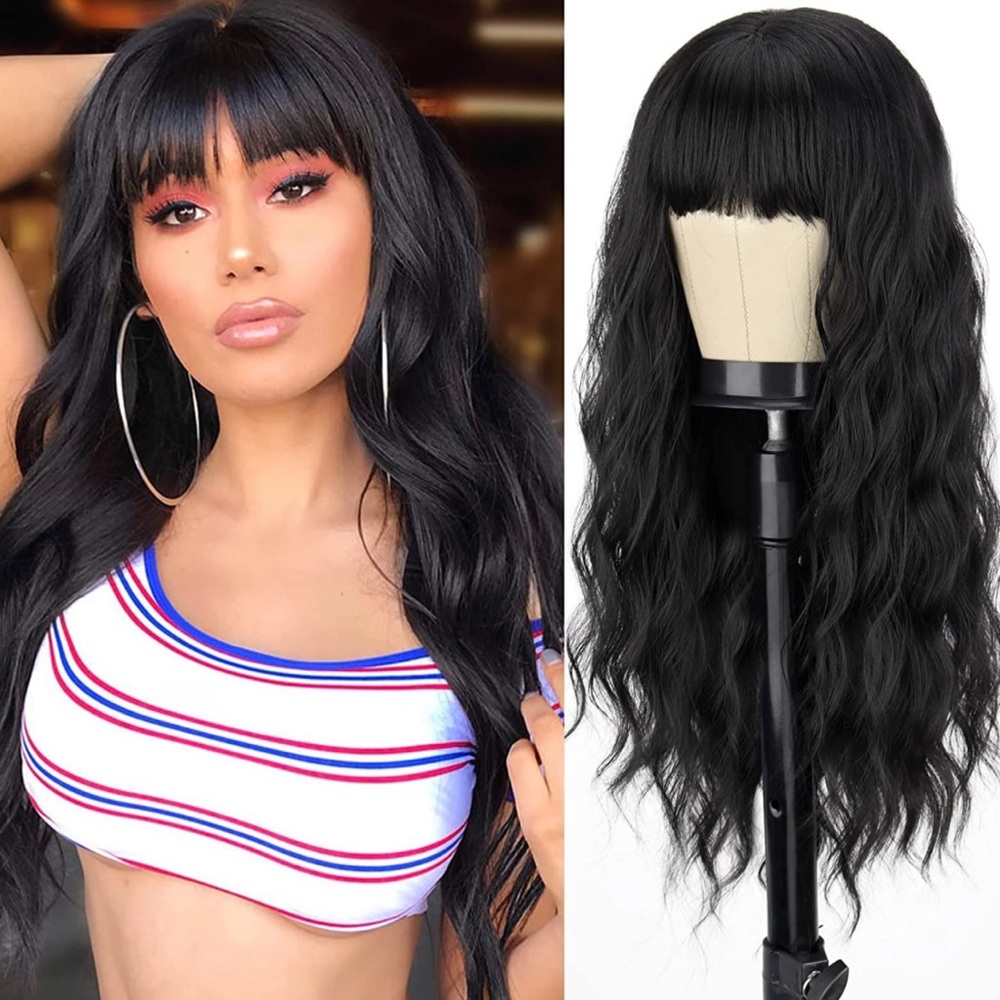 Human hair blend black wig with bang